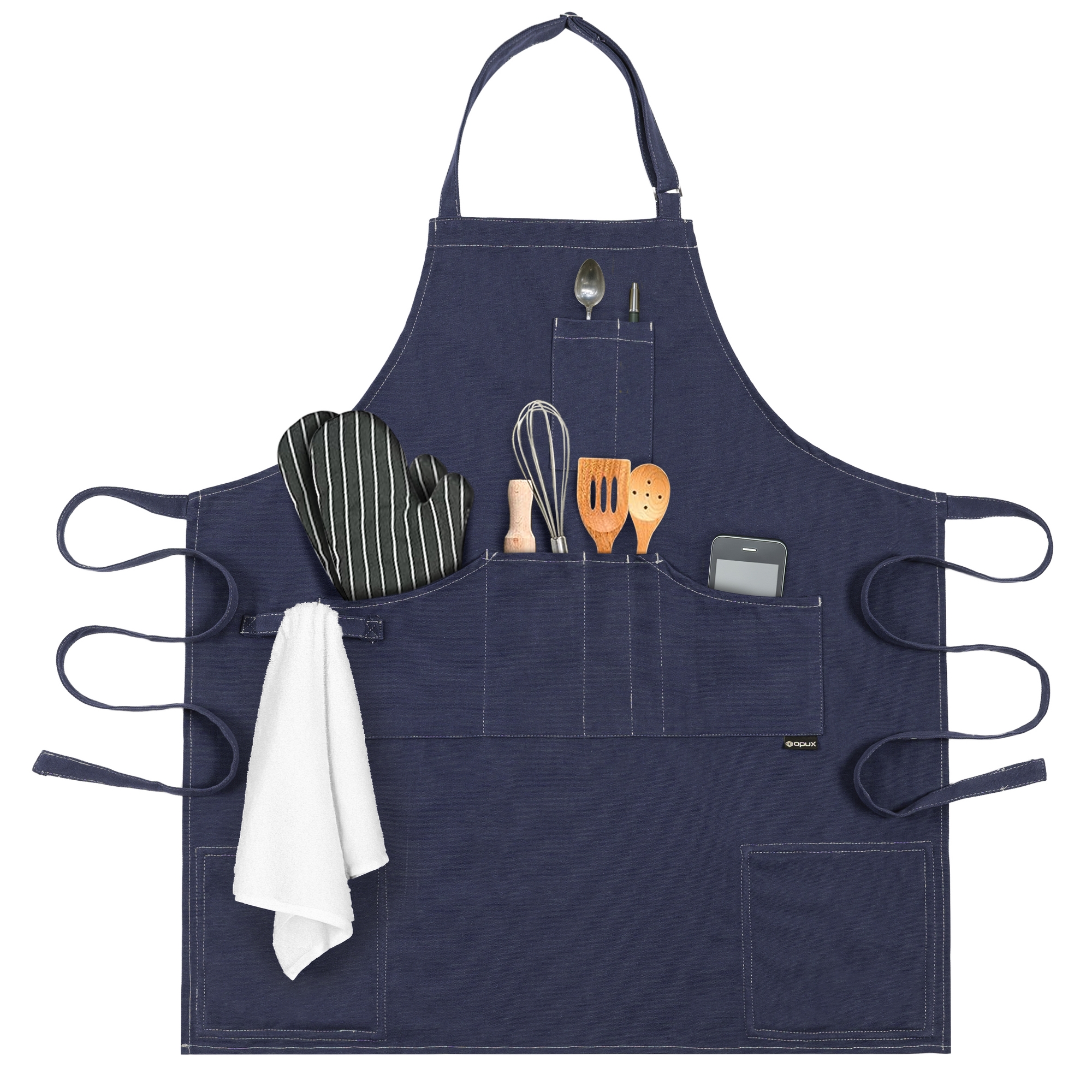 OPUX Chef Apron for Men, Kitchen Apron with Pockets for Women, Large Unisex Canvas Apron for Cooking Grilling BBQ Baking. (Navy)