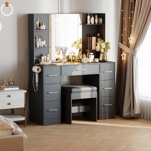 Makeup Vanity with Mirror and Chair, Power Outlet, Hairdryer Holder, 7 Drawers, 3 Lighting Modes Brightness Adjustable Dressing Table for Bedroom - 1 of 4