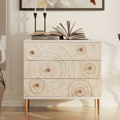 JIONJOY 3-Drawer White & Gold Nightstand with Wood Grain Detail for Bedroom Decor