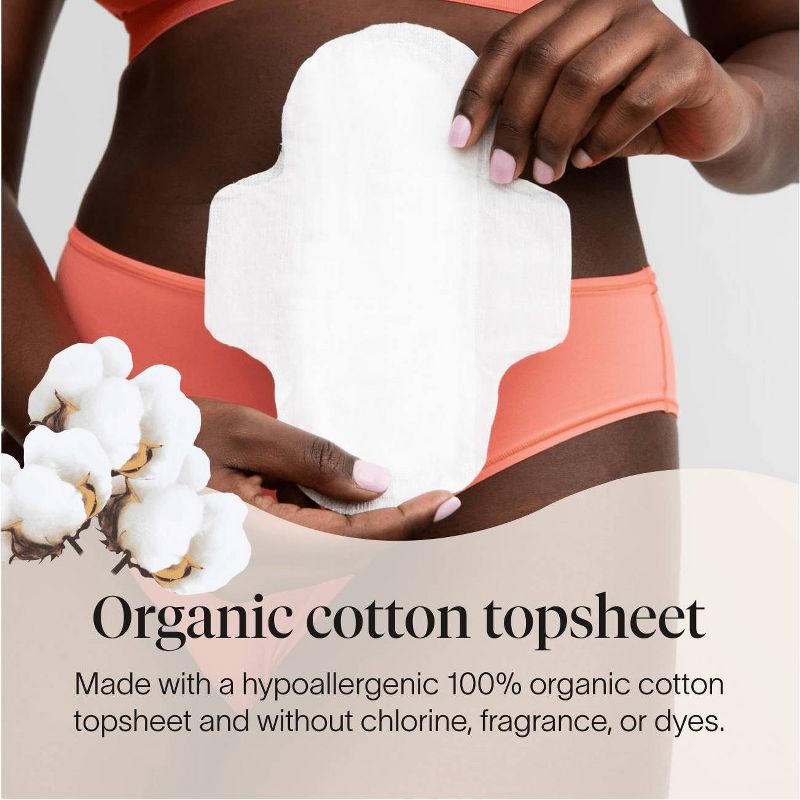 Cora Organic Cotton Ultra Thin Fragrance Free Pads with Wings for Periods - Super Absorbency - 30ct, 3 of 8