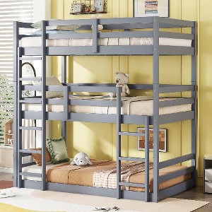 Kumasinova Triple Twin Bunk Bed – Detachable (Splits to 3 Beds), 2 Built-In Ladders & Full-Length Guardrails,Rubber Wood Bed Frame for Kids' Bedroom - 1 of 4