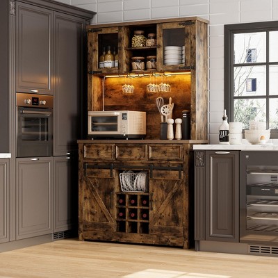 72" Modern Farmhouse Coffee Bar Cabinet with LED Lights & Power Outlets – Kitchen Buffet with Sliding Barn Doors