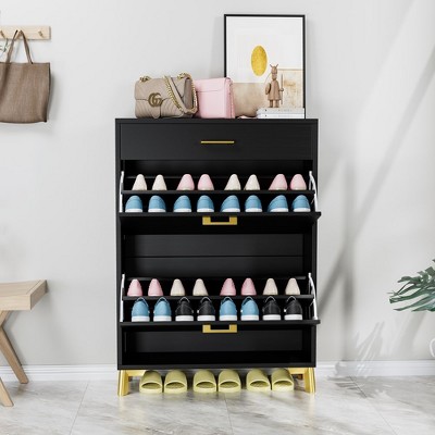 32"Shoe Storage Cabinet for Entryway, Free Standing Shoe Organizer with 2 Flip Drawers,White