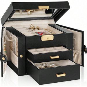 Leather Jewelry Box with Mirror Lock, 3 - Tier Organizer with 2 Drawers for Women Girls - 1 of 4
