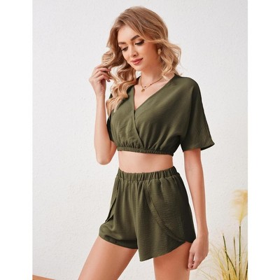 Women's 2 Piece Outfits Summer V Neck Short Sleeve Crop Top and High Waist Shorts
