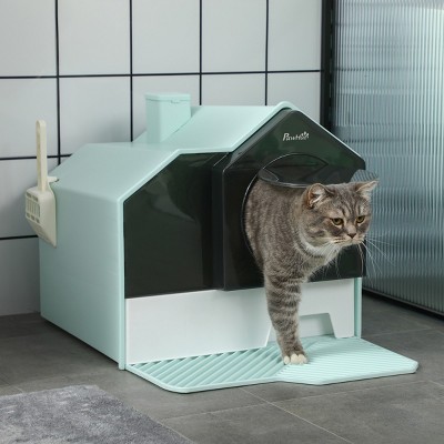 Hooded Cat Litter Box with Drawer and Lid for Indoor Cats Enclosed Litter Pan with Mat Scoop Handle and Odor Control Design - LAOTIES