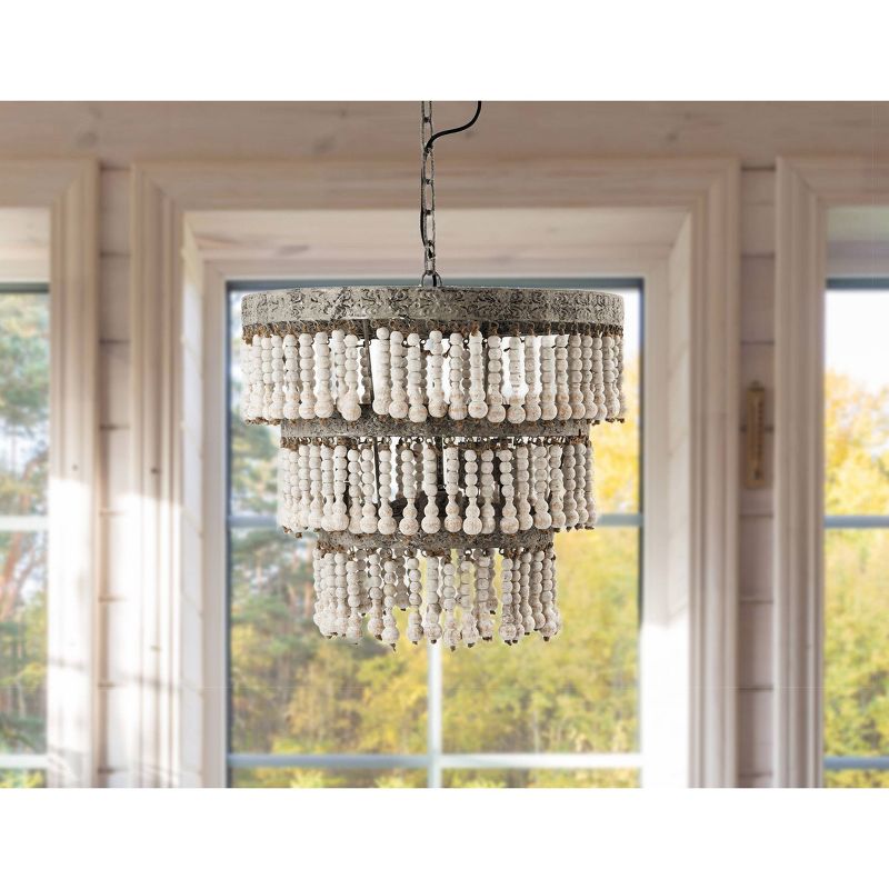 3-Tier Round Metal Chandelier with 3 Lights and Hanging Wood Beads Cream - Storied Home, 5 of 21