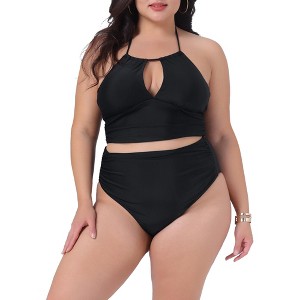 Agnes Orinda Women's Plus Size Halter Ruched Polka Dots High Waisted 2 Piece Swimsuit Tankini Set - 1 of 4