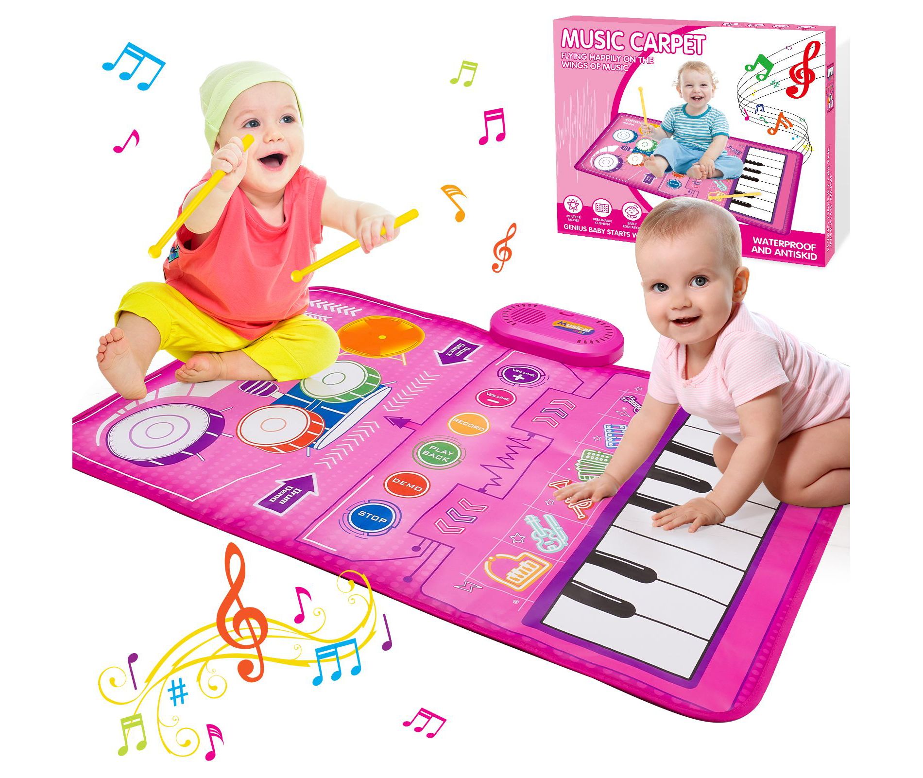 FUNFORFUN Musical Toys Baby Piano Mat 1 Year Old Girls Toys, Keyboard & Drum Musical Mat, Music Sensory Play Mat Toys Gifts for Girls Ages 1 2 3 4