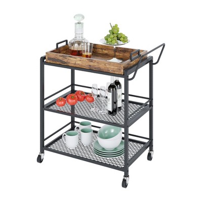 Bestier 3 Tier Heavy Duty Rolling Kitchen Storage Cart with Removable Serving Tray, Locking Wheel Mechanism, & Ergonomic Side Handle, Rustic Brown