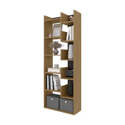Vynxaria Modern White Melamine Bookcase 10-Shelf, Open Storage, Natural Oak Finish, Sleek Rectangular Design