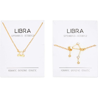 Zodaca 2 Piece Libra Zodiac Necklace and Bracelet Jewelry Set for Women, Gold
