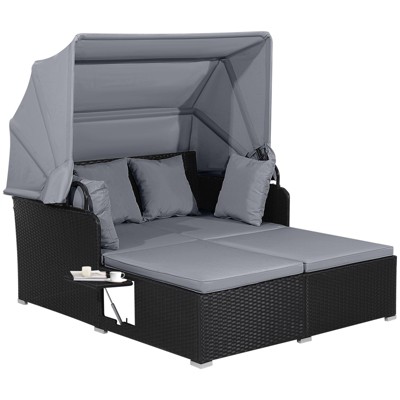 Tangkula Outdoor Wicker Lounge Daybed Hand-Woven PE Rattan Patio Loveseat Sofa Set with Retractable Canopy & 2 Side Tables Gray
