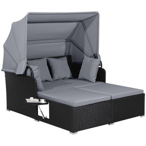 Tangkula Outdoor Wicker Lounge Daybed Hand-Woven PE Rattan Patio Loveseat Sofa Set with Retractable Canopy & 2 Side Tables Gray - 1 of 4