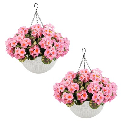 2 Set Artificial Outdoor Geraniums Flowers with White Basket, 12 Pcs Geraniums Flowers for Christmas, Front Porch, Garden, Patio, Home Decor, Pink