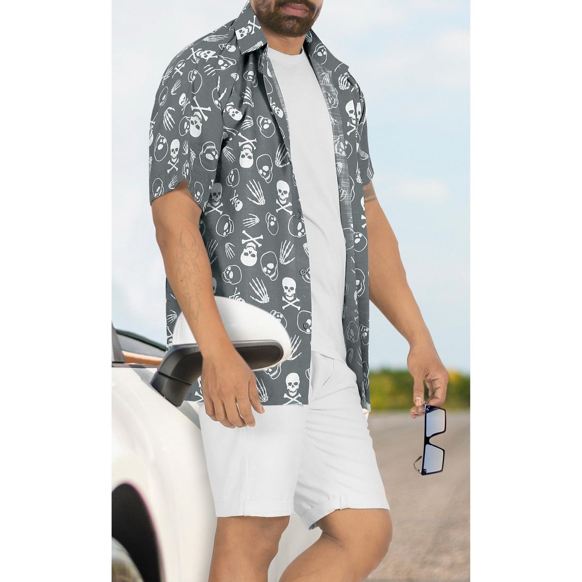 HAPPY BAY Mens Hawaiian Short Sleeve Button Down Shirt Halloween Costumes Shirt Linen Effect Holiday Shirts for Men XXL Gray, Skull - thumbnail 4