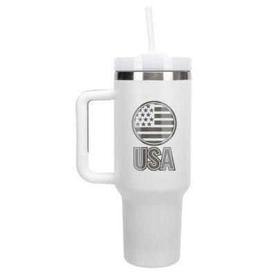 100 North USA American Flag Emblem Wrap-Around 40 Oz. Stainless Steel Water Bottle Coffee Mug, Spill & Leak Resistant, Travel Tumbler with Handle, Lid