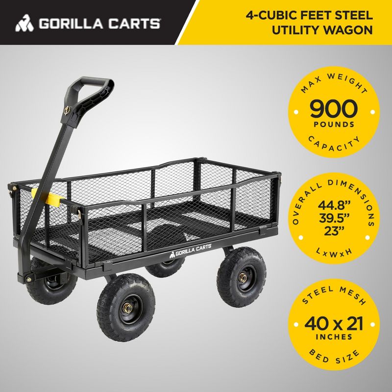 Gorilla Carts Steel Utility Cart, 4 Cubic Feet Heavy Duty Garden Wagon Outdoor Moving Cart with Wheels, 900 Pound Capacity, Removable Sides, Gray, 3 of 7