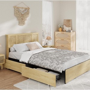 Queen Bed Frame with Natural Rattan Headboard - Metal Platform and Strong Wooden Slats Support, Boho Cane Mattress Foundation, No Box Spring Needed - 1 of 4