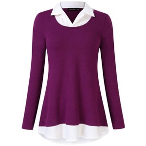 BLUEMING Womens Polo Shirts Color Block Faux Layering Shirts Plaid Shirts Teacher Shirts Everyday Tops - 1 of 4