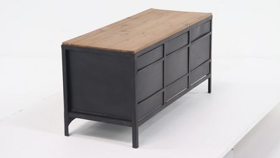 Industrial Charm Black and Cocoa Brown Storage Bench with 3 Drawers