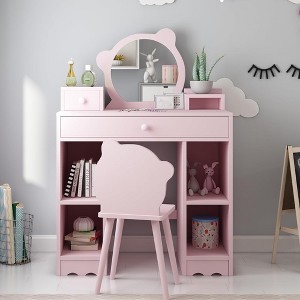 WhizMax Kids Vanity, 2 in 1 Princess Makeup Desk & Chair Set with Drawers, Storage Shelves, Toddler Dressing Table, Pink - 1 of 4