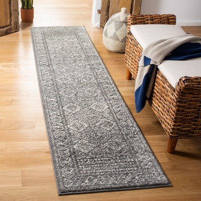 Dark Grey and Ivory Synthetic Runner Rug, 2' x 7'