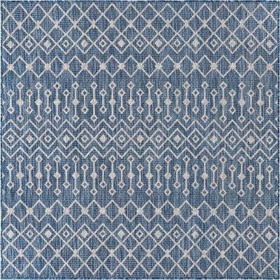 Easy-Care Square Blue Trellis Synthetic Outdoor Rug, 5' x 5'