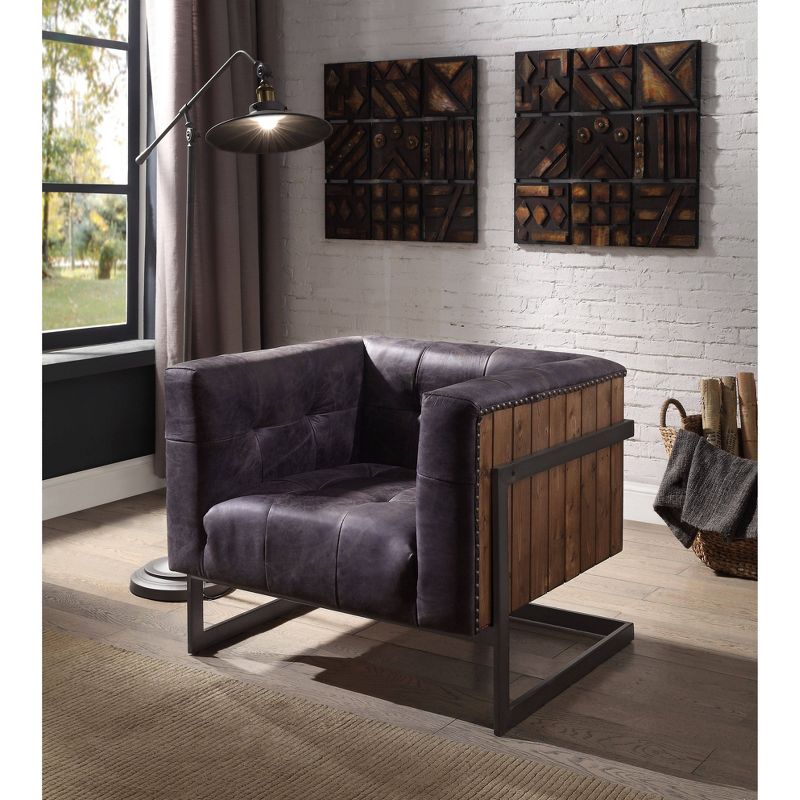 31&#34; Sagat Accent Chair Antique Black Top Grain Leather/Rustic Oak - Acme Furniture, 1 of 7