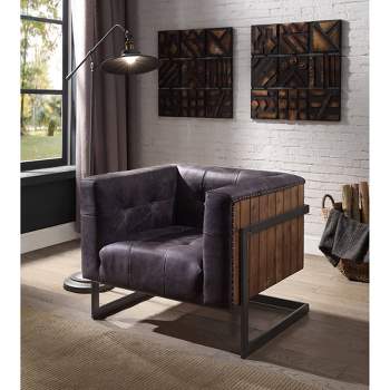 31" Sagat Accent Chair Antique Black Top Grain Leather/Rustic Oak - Acme Furniture
