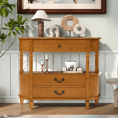 ORRD 43" Retro Console Table with 3 Drawers - Curved Wood Sofa Table for Behind Couch, Entryway Hallway Table with Storage Shelf, Brown