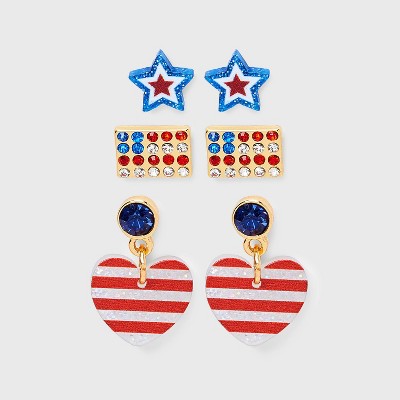 Americana Star Flag and Heart Stud and Hoop Earring Set 3pc - Red/White/Blue