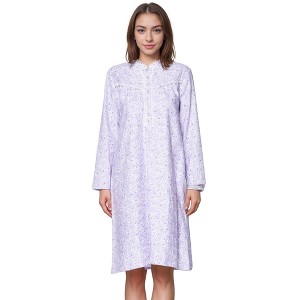 YafeMarte Women’s Long Sleeve Flannel Nightgown with Lace Trim and Floral Design - 1 of 4
