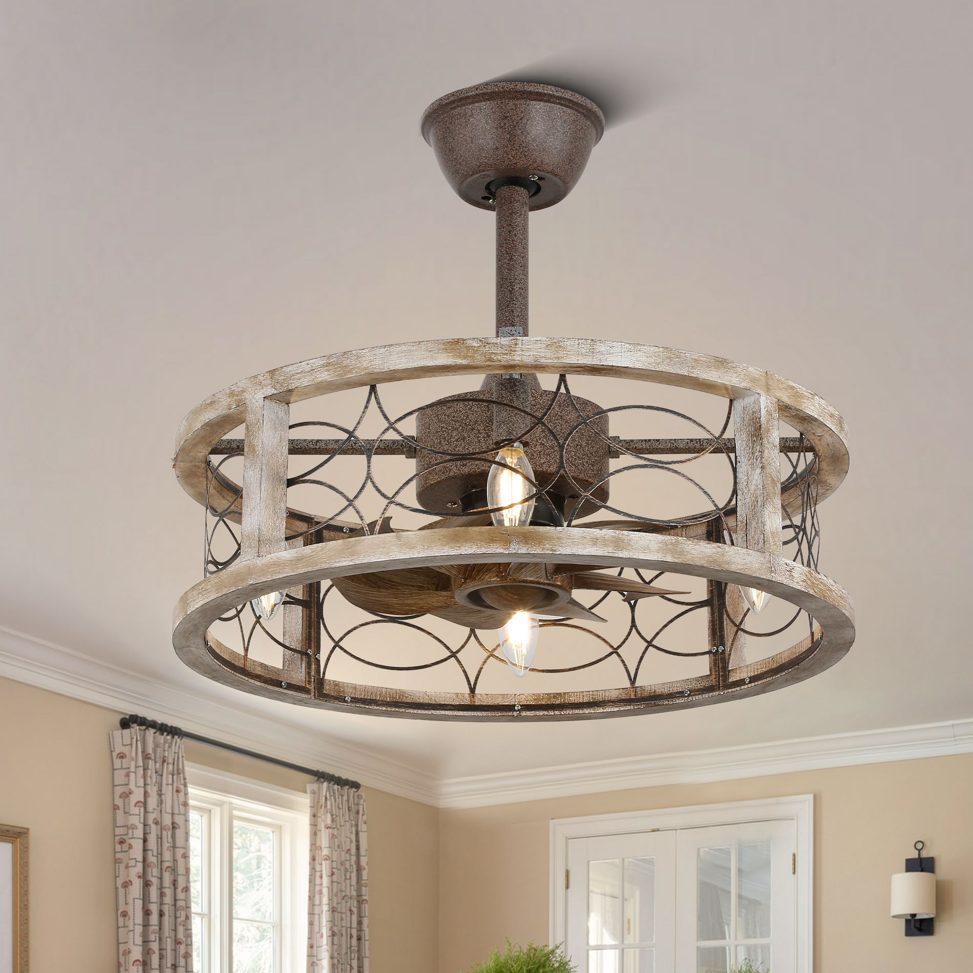 Bella Depot 18" Rustic Wood Ceiling Fan 3-speed Reversible Fan with Light and Remote DC Motor Caged Ceiling Fan