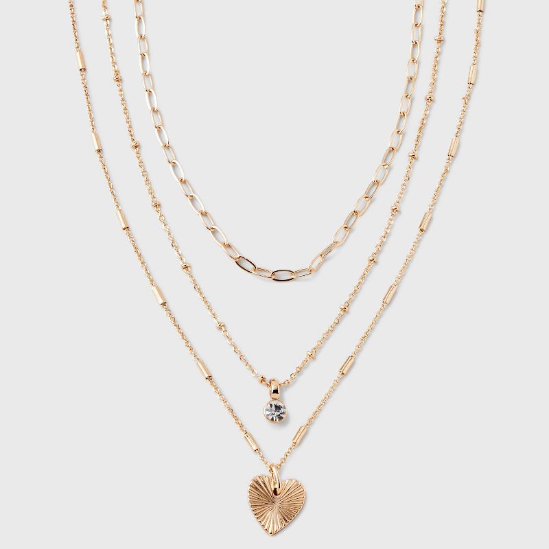 Gold 3 Row With Textured Heart Necklace - A New Day&#8482; Gold, 1 of 6