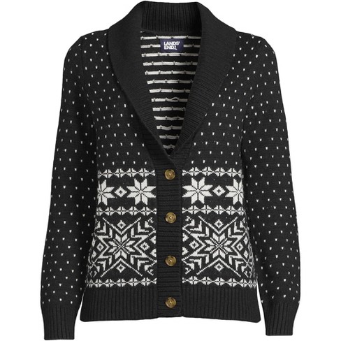 Lands' End Women's Cozy Lofty Jacquard Shawl Cardigan Sweater - Large -  Black Stripe Snowflake