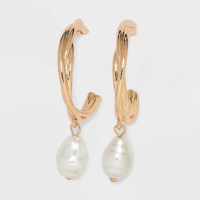 Pearl Drop Twisted Hoop Earrings - A New Day&#8482; Gold