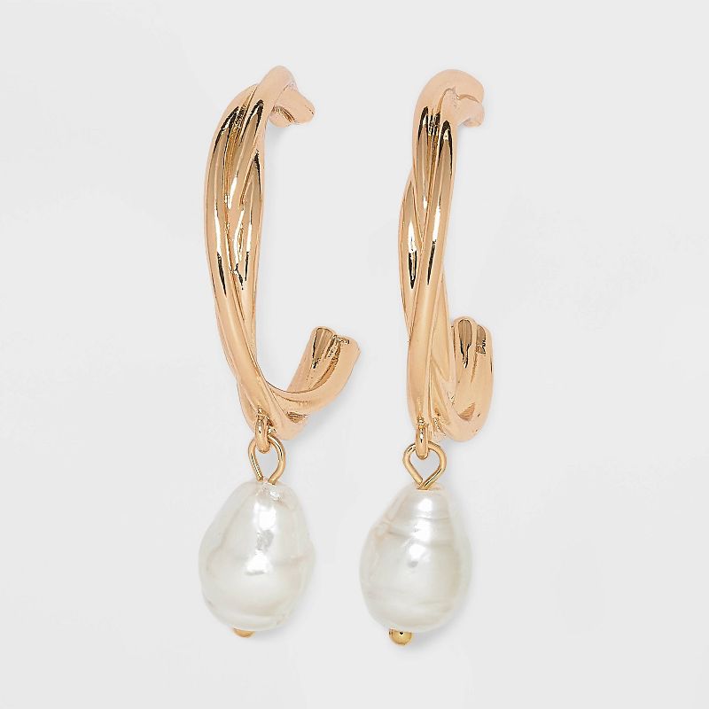 Pearl Drop Twisted Hoop Earrings - A New Day&#8482; Gold, 1 of 5