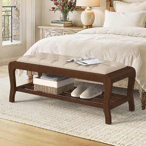 Arceso Bedroom Bench, 49" End of Bed Bench with Shelf, PU Leather Upholstered Entryway Bench with Wooden Legs, Storage Ottoman Bench for Bedroom - 1 of 4