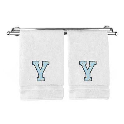 BC BARE COTTON Monogrammed Hand Towels, Personalized Gift, Set of 2 - Embroidered Writing with Light Blue