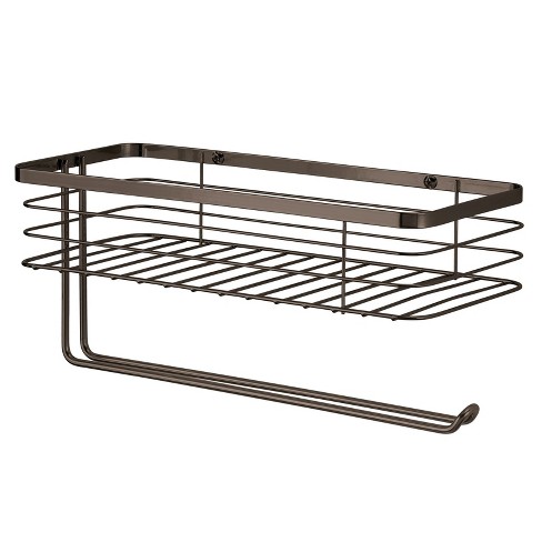 mDesign Steel Horizontal Wall Mounted Paper Towel Holder with Basket -  Bronze