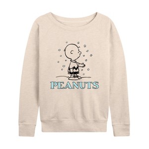 Women's - Peanuts - Charlie Snow Lightweight French Terry Wide Neck Long Sleeve Shirt - 1 of 4