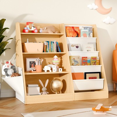 INFURNIC Decorative Bookshelf Toy Organizer Toddler 3 Tier Sling Bookcase Book with Side Pocket Pocket for Storage
