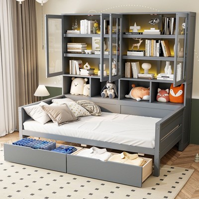 TIRAMISUBEST Twin/Full Size Daybed with Glass-Door Storage Cabinets and Built-in LED Lighting, Wooden Daybed Frame Sofa Bed with Storage Shelves