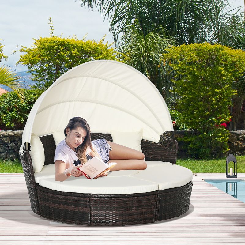 Outsunny Round Daybed, 4-piece Cushioned Outdoor Rattan Wicker Sunbed or Conversational Sofa Set with Sun Canopy, 3 of 9