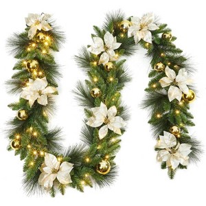 Pre-Lit Frosted Christmas Wreath Set of 6, Christmas Decoration with Pine Cones, Holly Berries - 1 of 4
