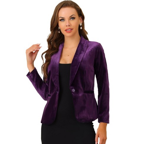 Allegra K Women's Office Solid Shawl Collar 1 Button Velvet Blazer Violet  X-Small