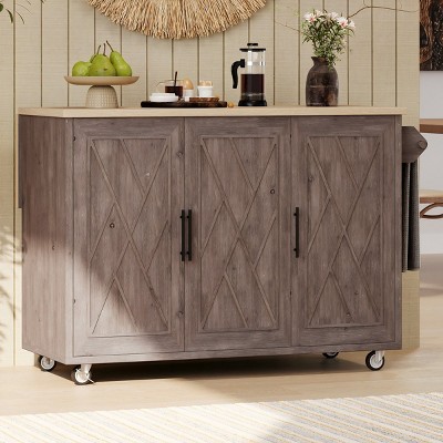 51 Inch Kitchen Island with Drop Leaf,Farmhouse Kitchen Island on Wheels with Internal Storage Rack-Maison Boucle