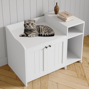 Cat Litter Box Enclosure with Storage Shelve Adn Wooden Barn Door, Hidden Litter Box Cabinet, Indoor Cat House Fits Most Litter Boxes White - 1 of 4