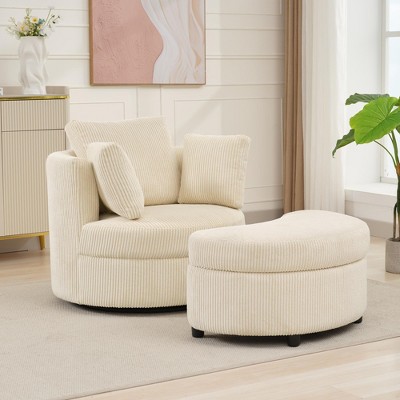 Hyleory Corduroy 360 degree swivel chair, Accent Chair with Ottoman Set, Mid Century Modern Barrel Armchair, Upholstered Club Tub Round Arms Chair